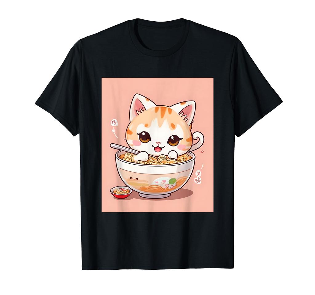 things printed Kawaii, cat, ramen, cute, millet, Japanese, T-shirt