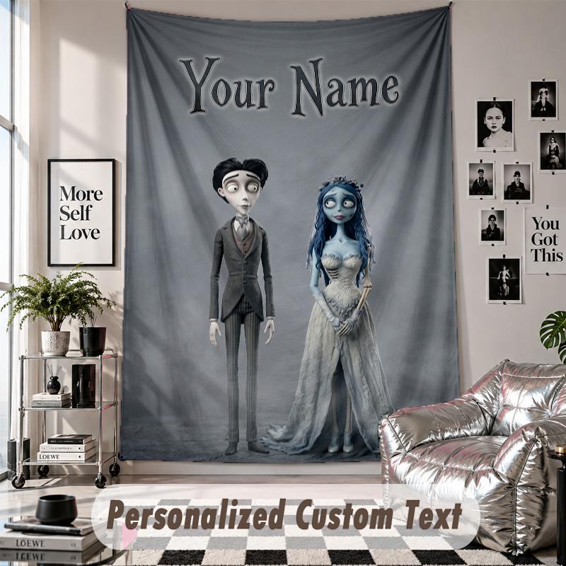 Custom Tapestry Wall Hanging, Corpse Bride Emily Victor Personalized Name Text Home Wall Decor