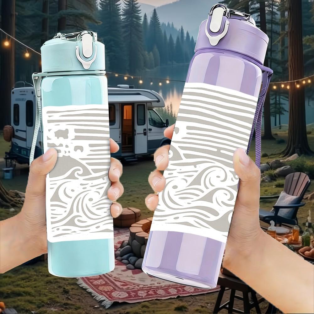 1PC Minimal Line Wave Ocean Sketch Print 750ml Color Plastic Sports Water Bottle Leakproof Flip Straw Lid Suitable for Sports Office Home Use