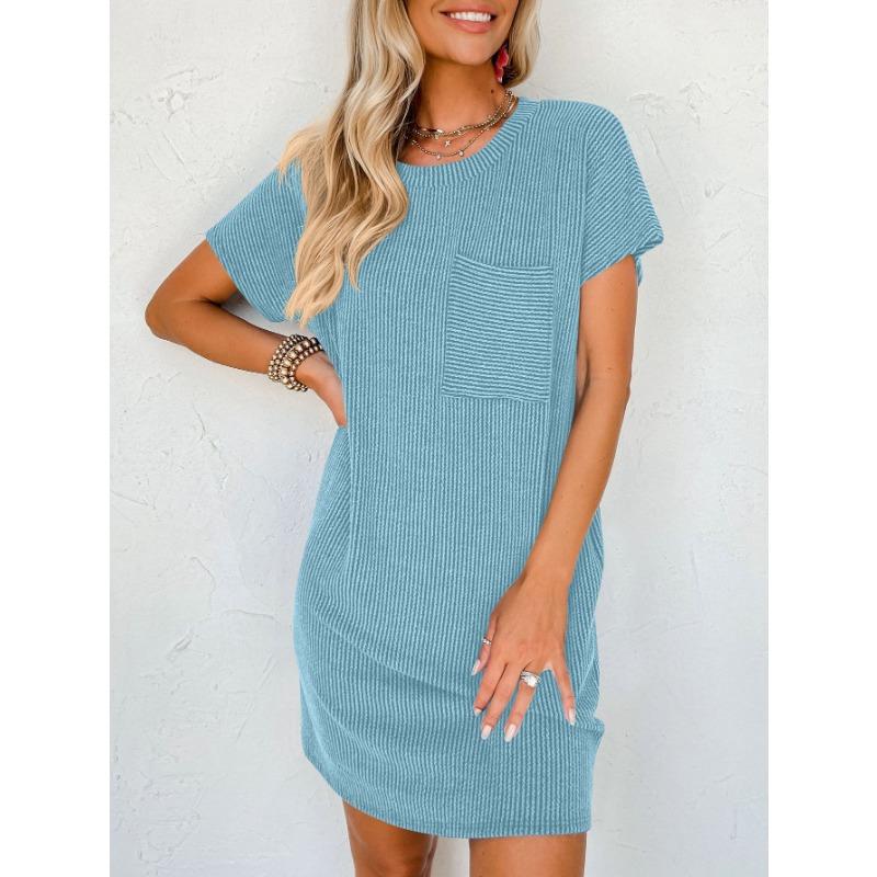Women's Summer Casual Color Contrast Wave Striped Short Sleeve Pocket Dress