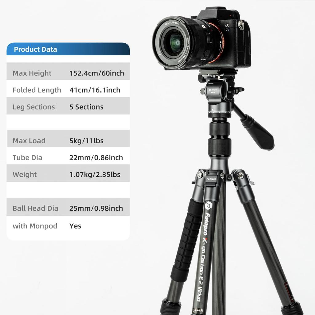 Fotopro 152cm Carbon Fiber Travel Compact Camera Tripod with Fluid Detachable Quick Release Plate and Supports up to Video Tripod for E2 Video Black