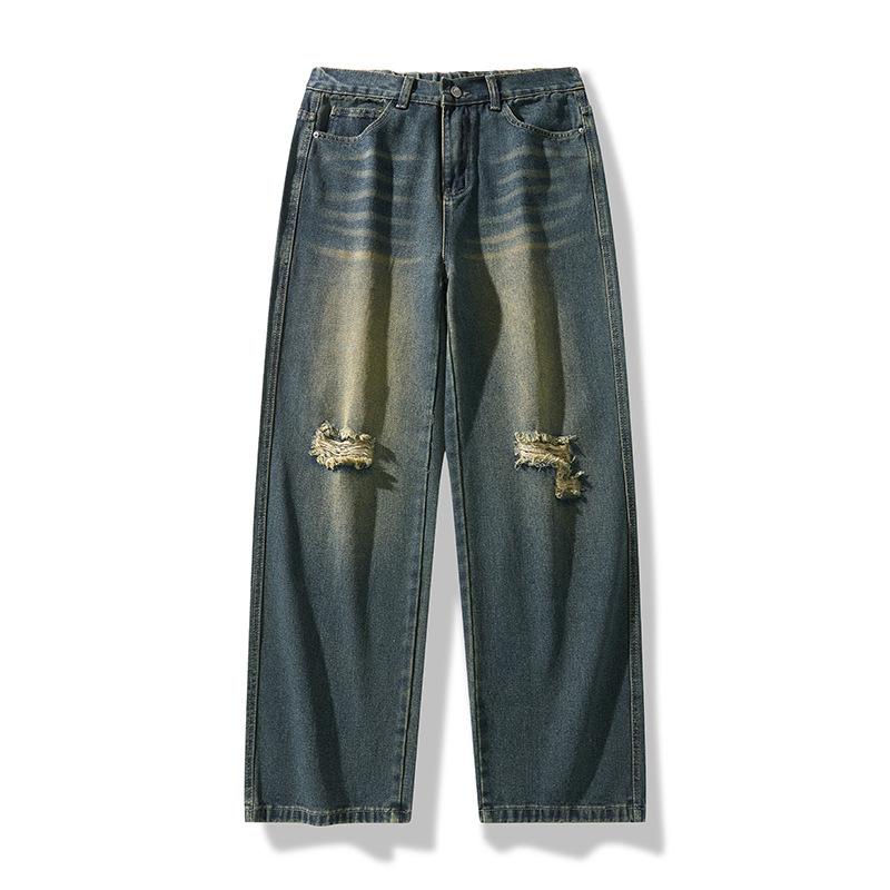 Jeans strappati stile retrò americano da uomo, nuovi per la primavera, larghi, a gamba larga, pantaloni casual