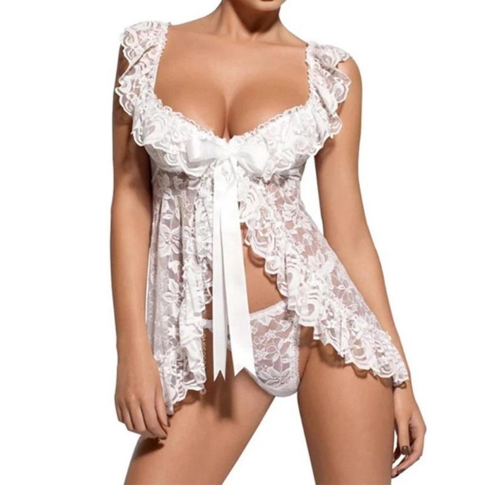 Sexy Clothes for Women Lingerie Lace See Through Nightdress Babydoll Porno Deep V Mesh Dress Panties Underwear Erotic Clothing