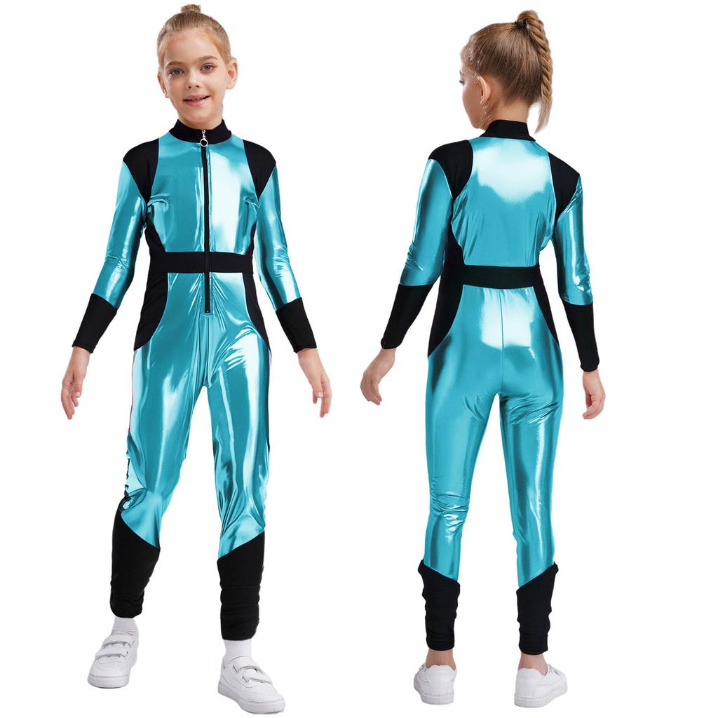 Kinder Halloween Außerirdischen Cosplay Overall: Langärmeliger Hochtaillierter Glänzender Metallischer Reißverschluss Sportlicher Body für Rollenspiele