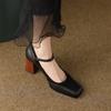 2024 Mary Janes Vintage Black Sandals Woman Buckle Non-Slip Casual Medium Heels Office Ladies Solid Elegant Heels Korean Summer