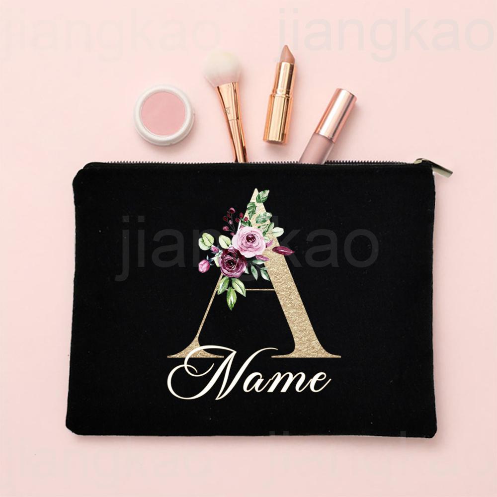 Personalised Letter with Name Makeup Bag Bridal Cosmetic Case Canvas Monogram Toiletry Bags Birthday Wedding Bridesmaid Gifts