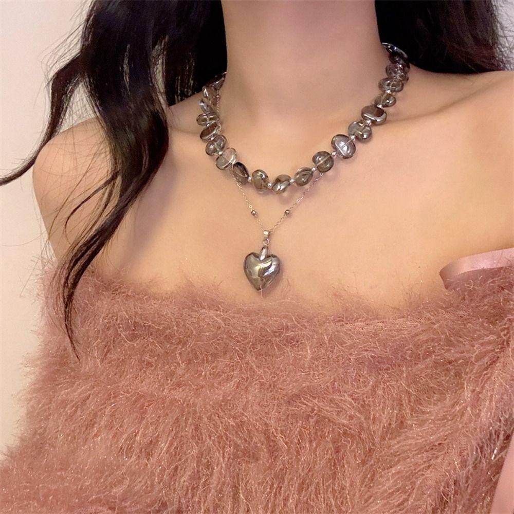 Exaggerate Beaded Necklace Irregular Heart Pendant Necklace Personality Collarbone Chain  Women
