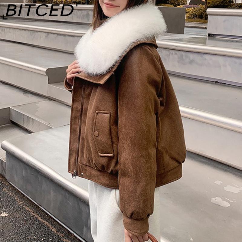 BITCED Women's Short Down Jacket with Oversized Fur Collar Winter Stylish Quilted Coat Thickened Outerwear American Style