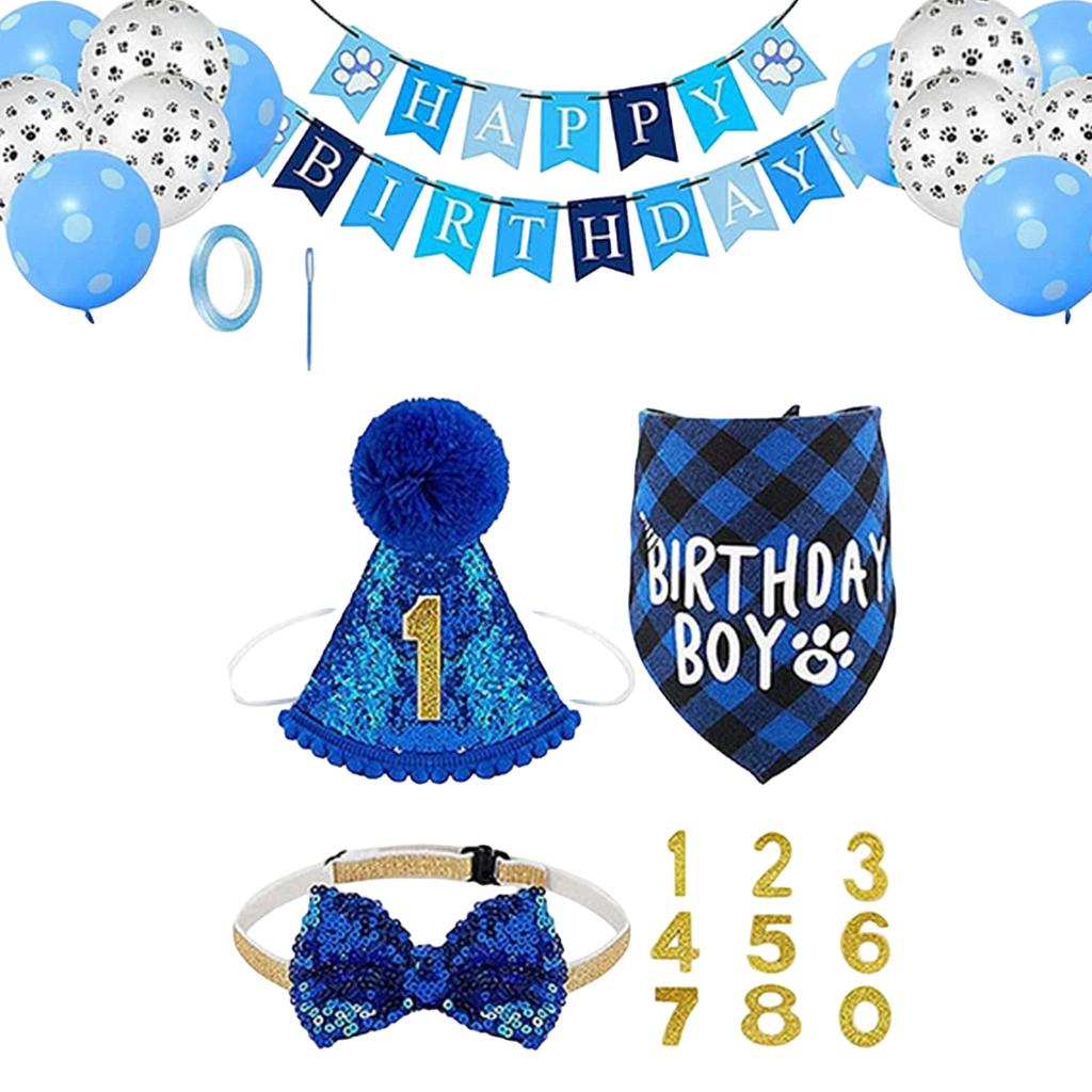 Pet Birthday Party Decoration Kit Dog Bandana Hat Banner Flag Number Set Includes Balloons Bow Tie Tape Suitable for Pet Celebrations