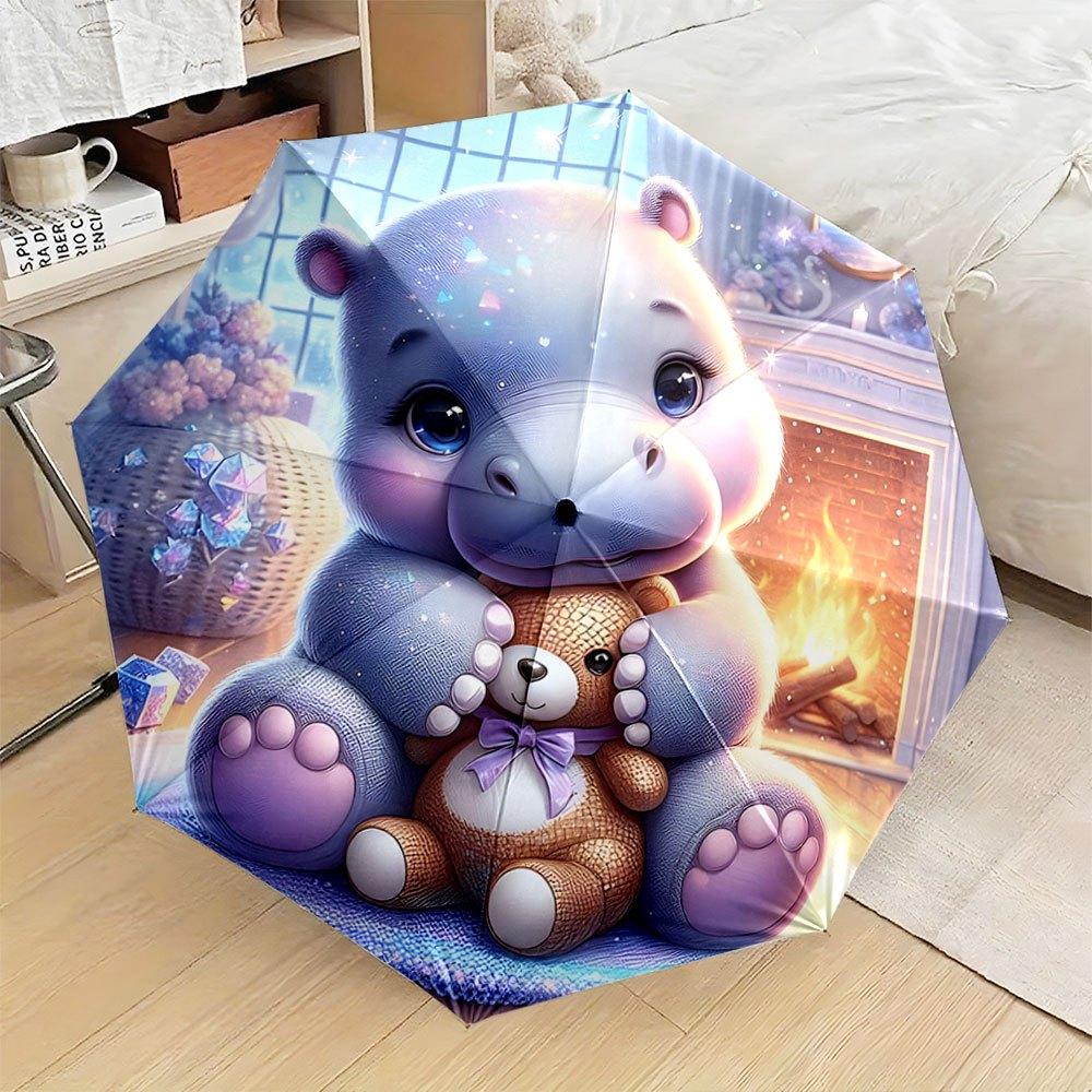 Automatic Open/Close Folding Umbrella with Cute Polar Bear  Teddy Bear Design - Compact Travel Umbrella, Sturdy 8-Rib Shaft, (as the picture,Iron8K)