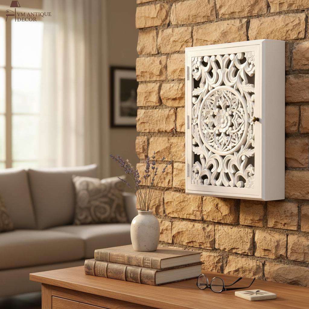 Hand-Carved White Wooden Wall Cabinet with Floral Lattice Door Decorative Storage Box with ShelvesWall Hanging Art Organizer Self Decor