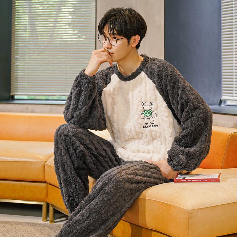 Men's Winter Thickened Coral Fleece Pajamas: Cute Cartoon Warm Homewear Set for Teenagers and Students