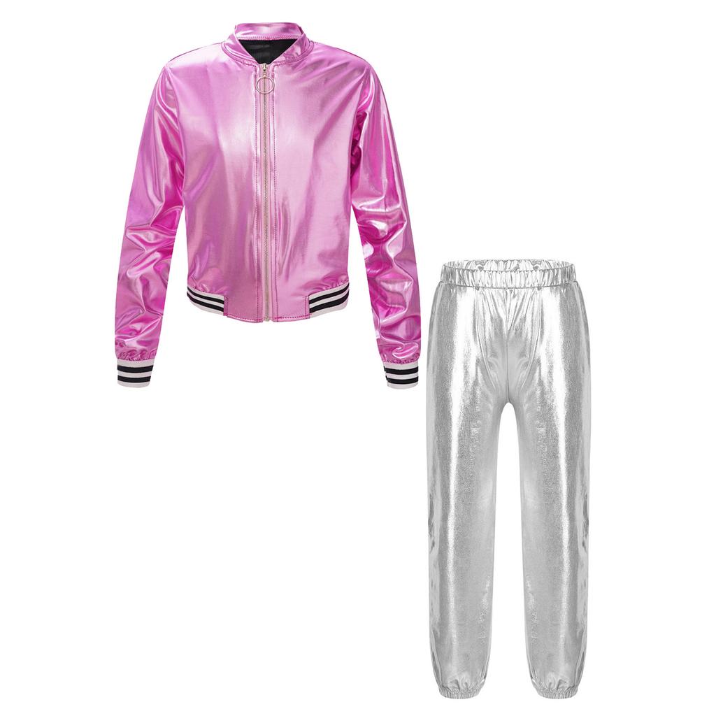 Kids Girls Metallic Long Sleeve Stand Collar Zipper Jacket with High Waist Pants for Sports Workout