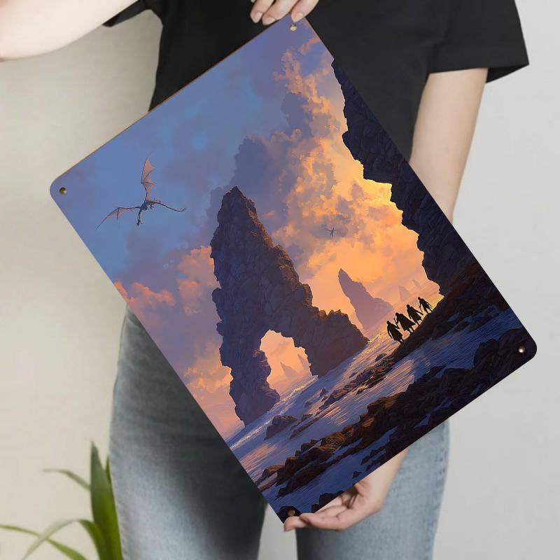 Fantasy Coast Dragon Silhouette Metal Wall Art Vintage Iron Painting for Living Room Study Decor