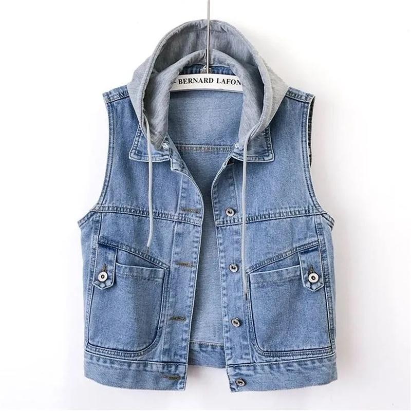 Women Denim Vest Jackets Spring Autumn Pocket Hooded Short Jean Waistcoat Sleeveless Jacket Outerwear Female Casual Top