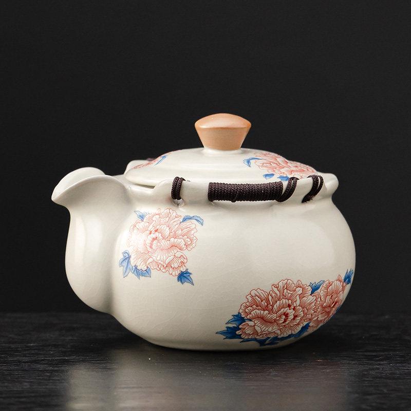 Elegant Ru Kiln Hibiscus Teapot Set: Includes Beige Side-Handle Pot, Lid, Bowl, Filter Screen, Tea Wash Pitcher, Gong Dao Bei for Gongfu Tea.