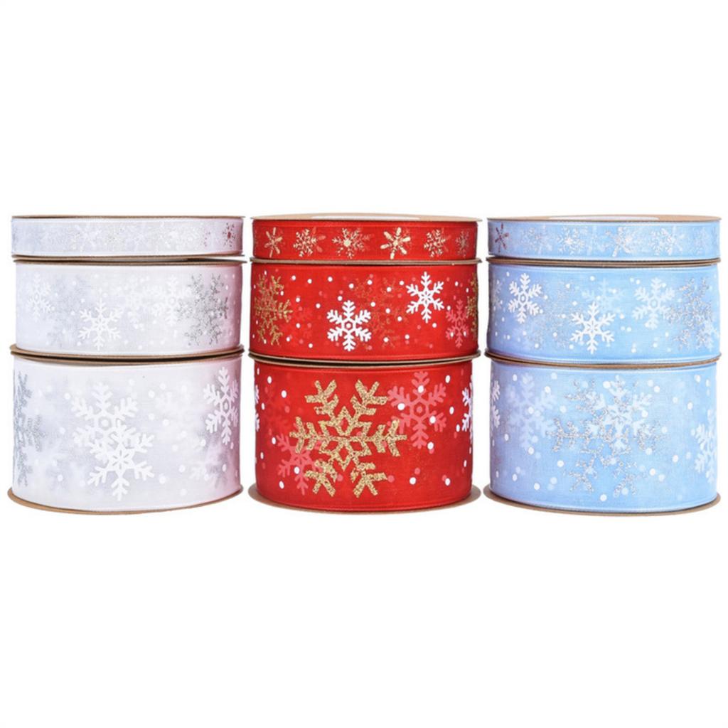 Christmas Polyester Ribbon Festive Decoration Snowflake Ribbon Seasonal Ribbon for Gift Wrapping and Tree Decoration