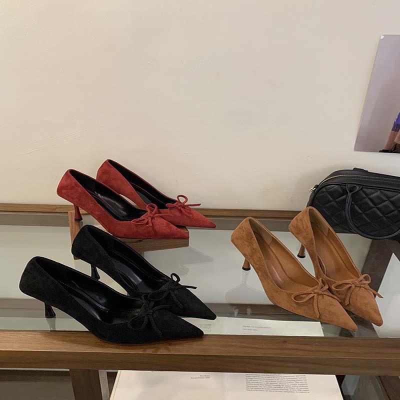 2025 new spring and autumn bow pointed head thin heel high heels women's shallow mouth single shoes suede temperament versatile work shoes