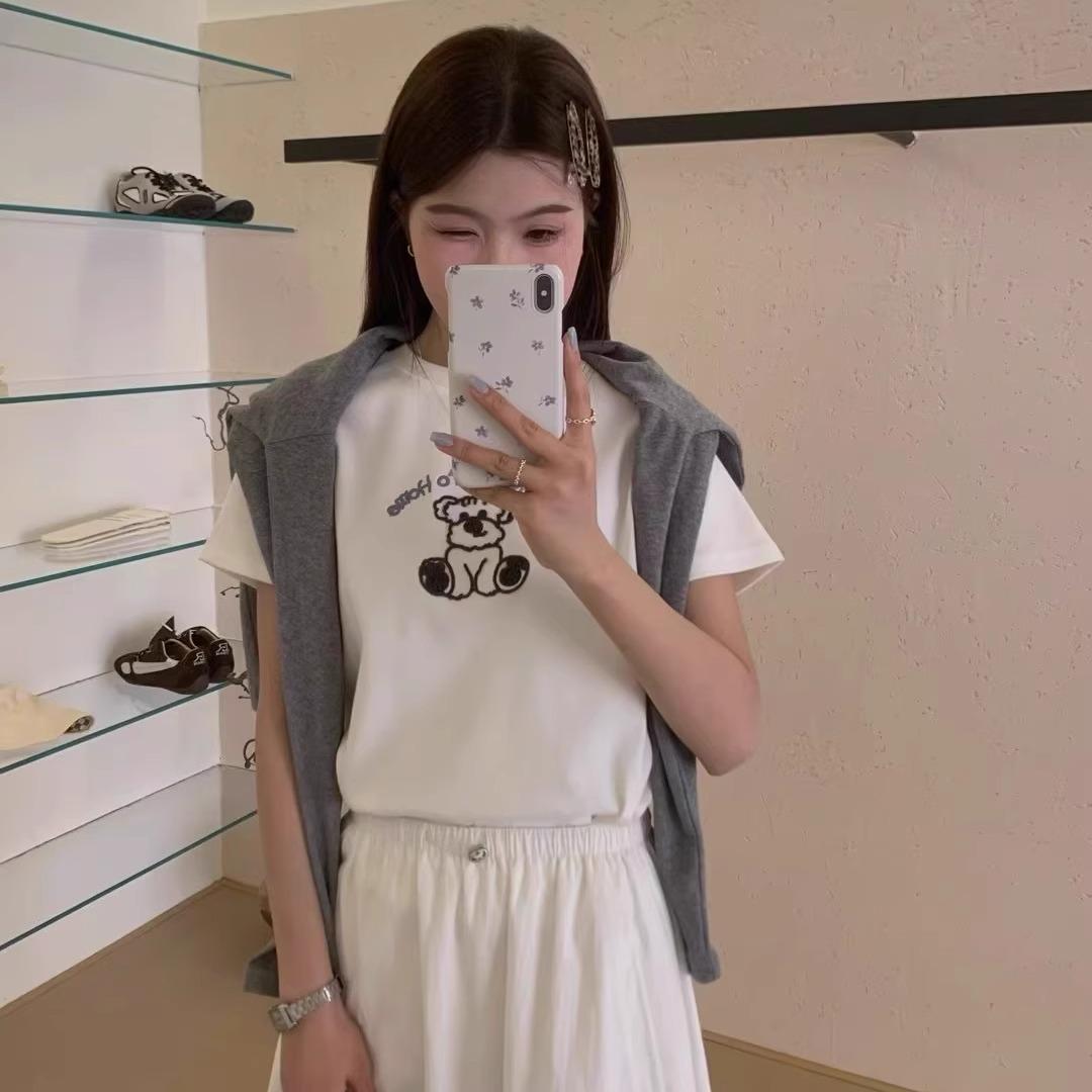

Spring/Summer 2025 Korean Cartoon Bear Embroidered Loose Short Sleeve T-Shirt for Women XL