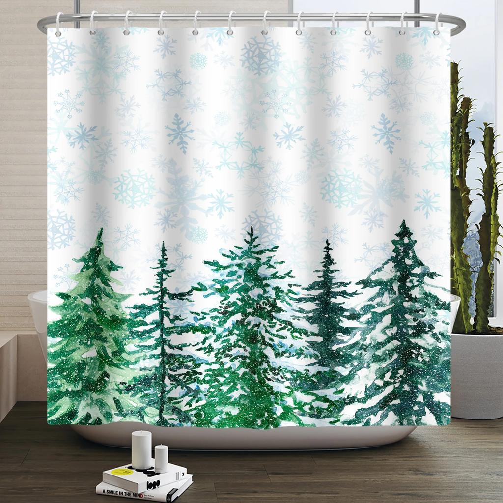 Christmas Shower Curtain Xmas Tree Winter Forest Snow Cute Snowman Bathroom Shower Curtain Waterproof Bath Curtain With Hook