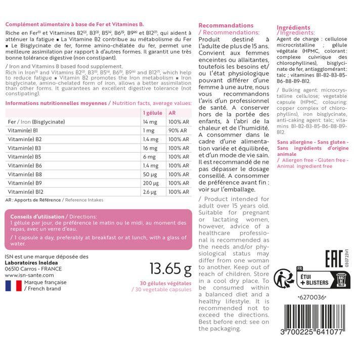 ISN - SUPLEFER - Supplémentation en fer &amp; vitamines B - Cure 30j - 30 gélules végétales