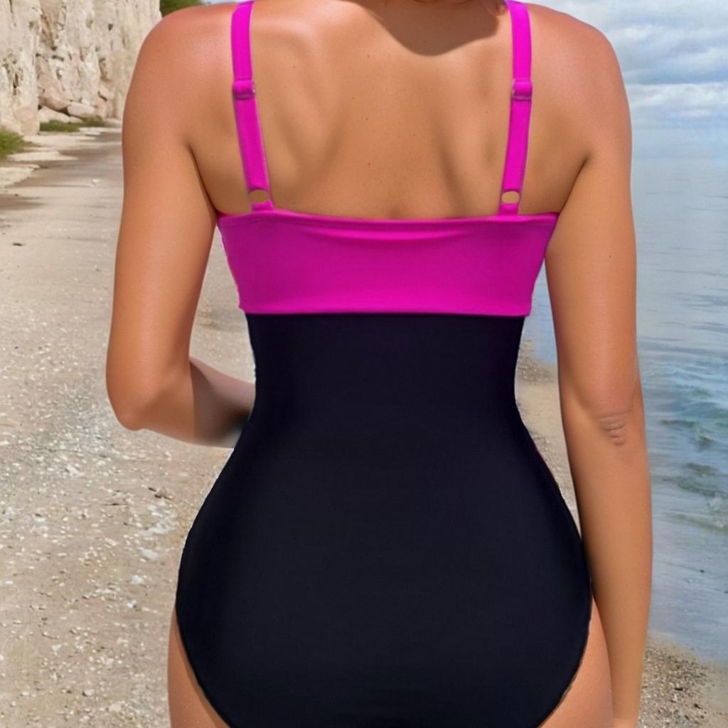 Costume da Bagno Intero Sexy a Blocchi di Colore con Raccoglitura e Incrocio Moda Donna Vacanza al Mare Costume da Bagno Elegante