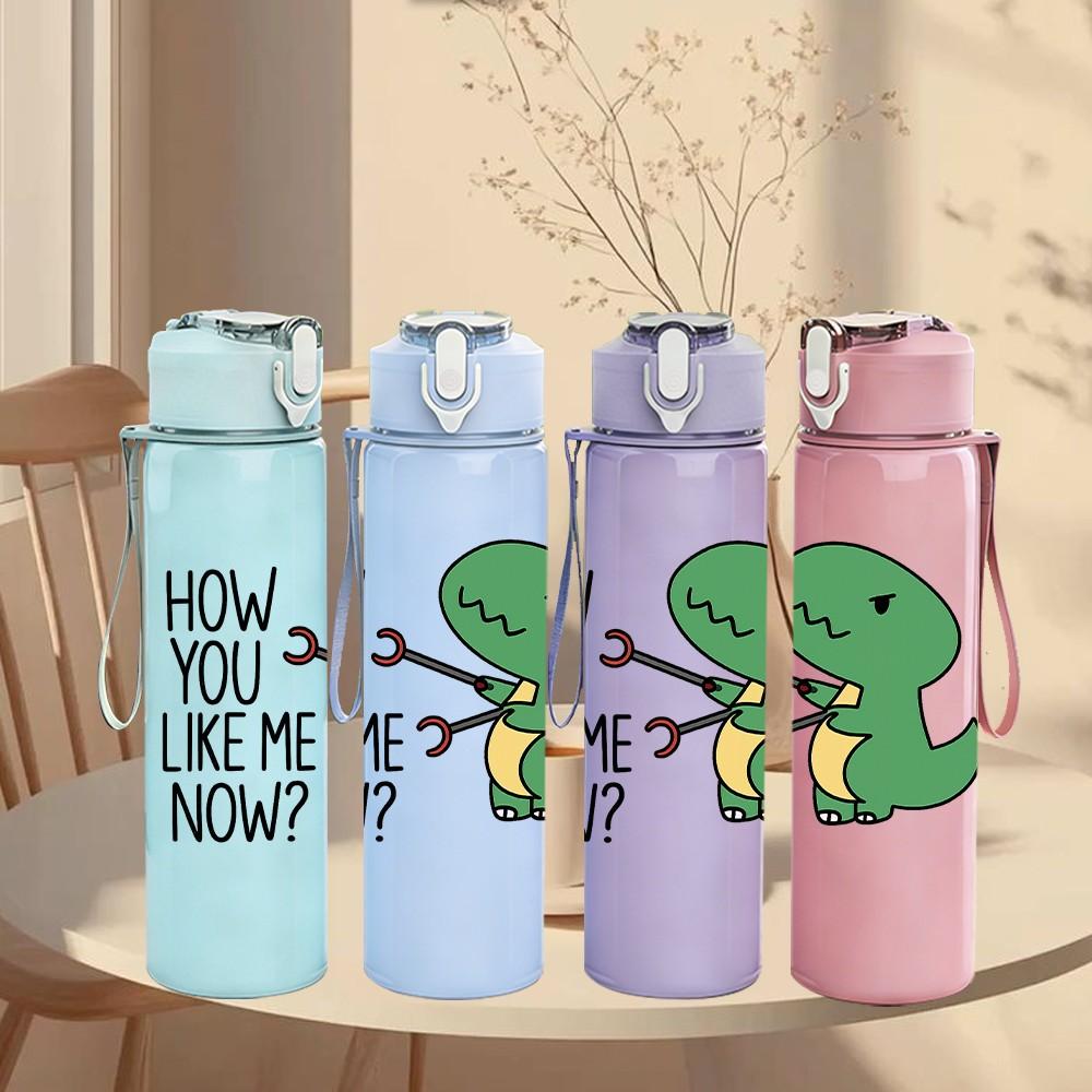 1PC Green Dinosaur Quote Cartoon 750ml Color Plastic Sports Water Bottle Leakproof Flip Straw Lid Suitable for Sports Office Home Use