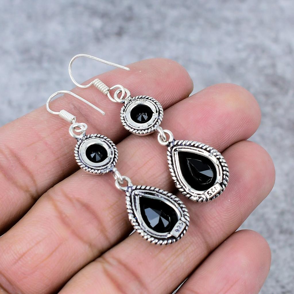 Black Spinel Gemstone Handmade 925 Sterling Silver Jewelry Earring 2.56" M-349