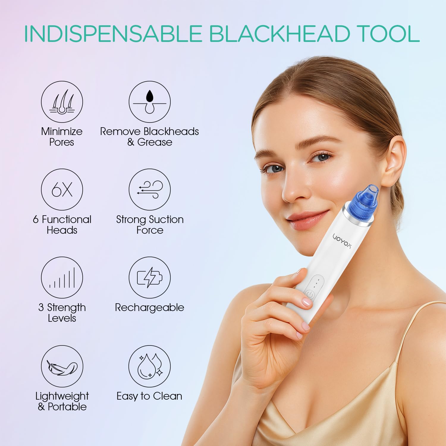 VOYOR Blackhead Remover Pore Vacuum - Electric Face Vacuum Pore Cleaner Acne White Heads Removal with 6 Suction Heads (BR410)