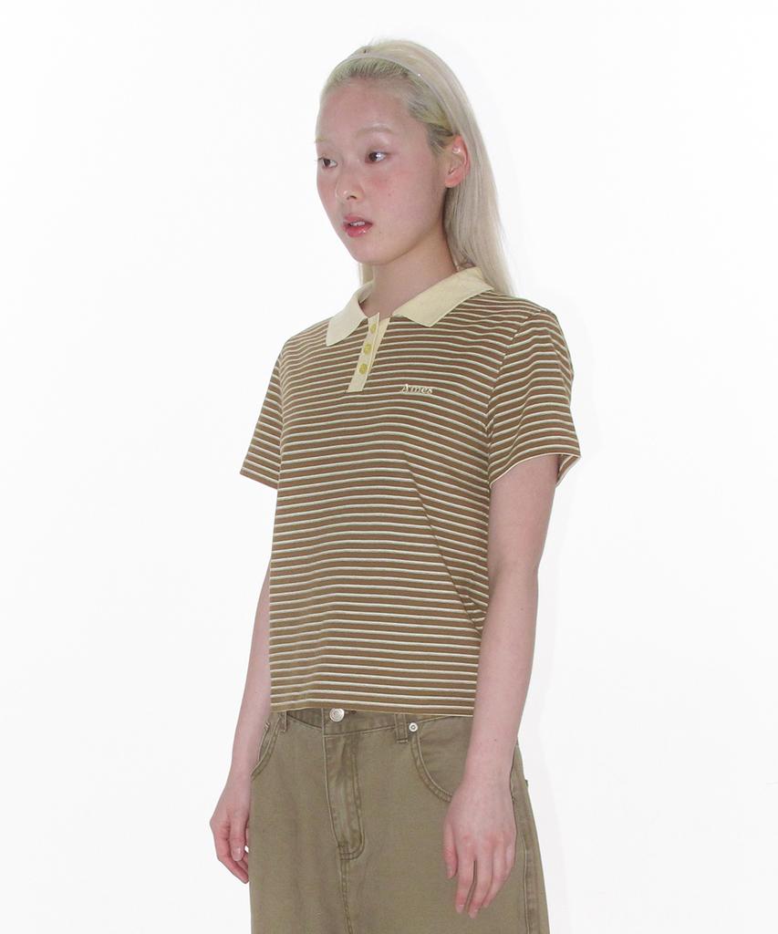 AMES-WORLDWIDE Basic Stripe Collar Tee Brown