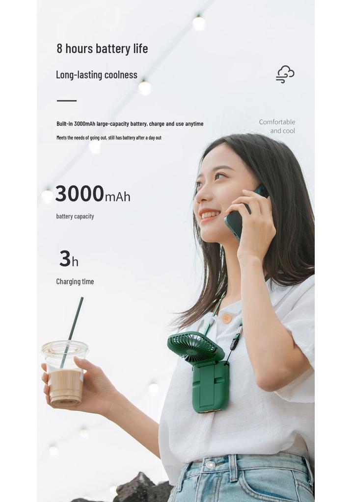 Foldable Neck Hanging Mini USB Fan: Portable Handheld and Desktop Stand Fan.