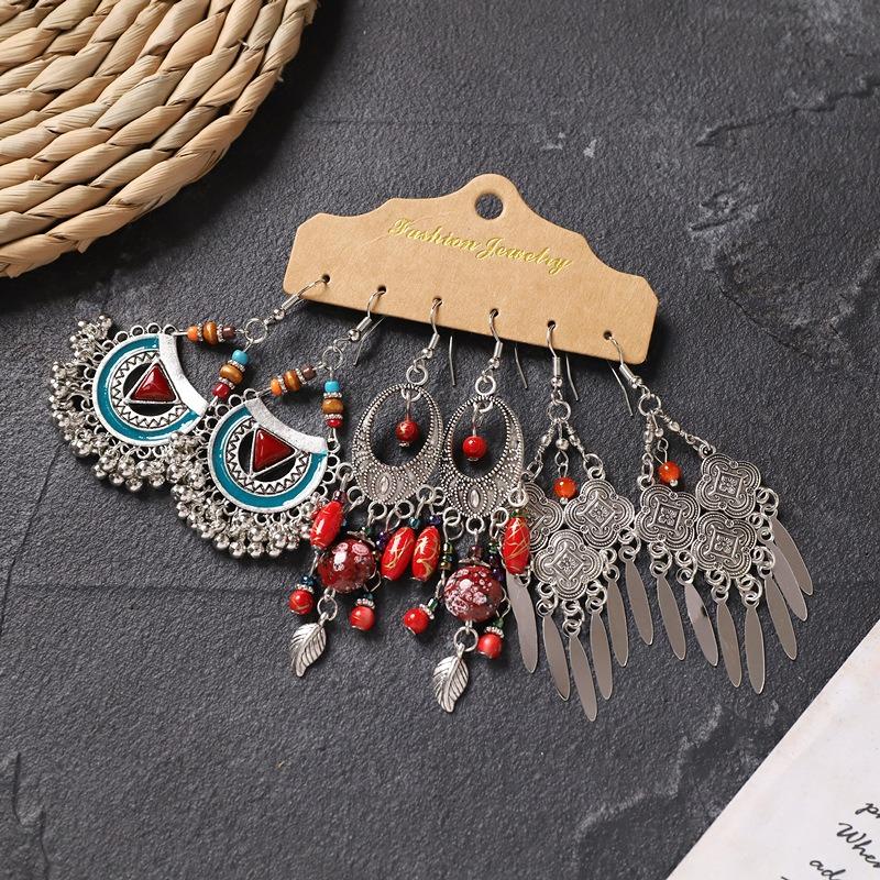 Retro long earrings, Tibetan silver tassel women's bohemian high-end metal vacation earrings set