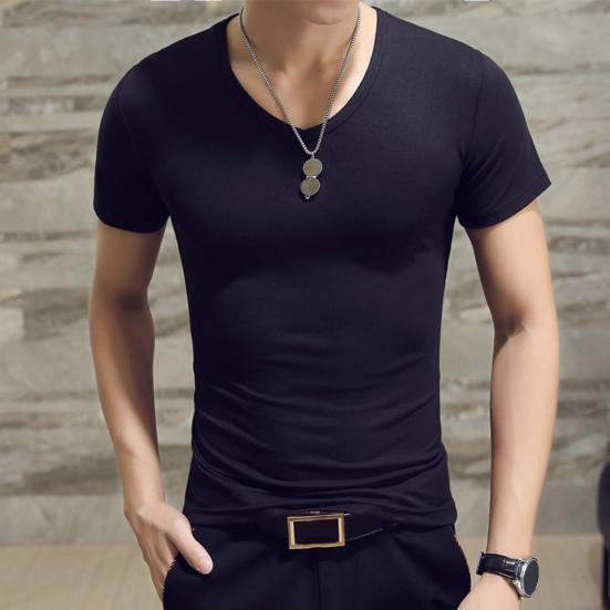 V-Neck Short Sleeve Thin Men T-shirt Summer Solid Color Slim Fit Tee Top Streetwear
