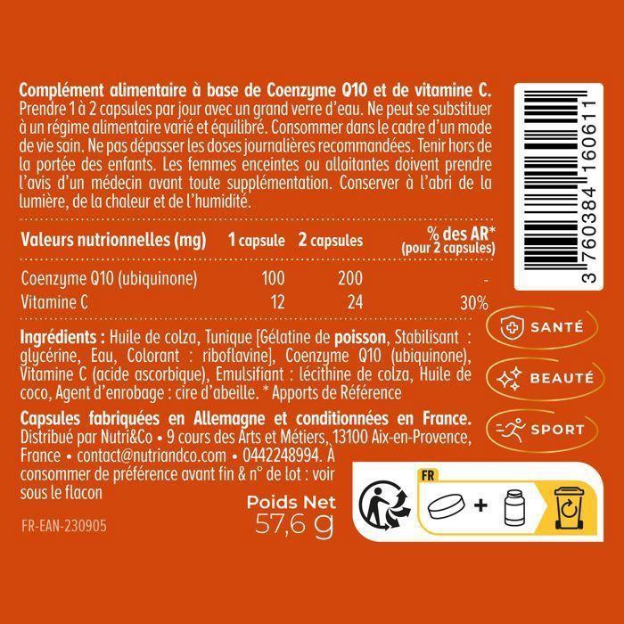 Coenzyme q10 - ubiquinone 200mg + vitamine c - complément peau anti-âge &amp; anti-rides - 120 capsules - nutri&amp;co