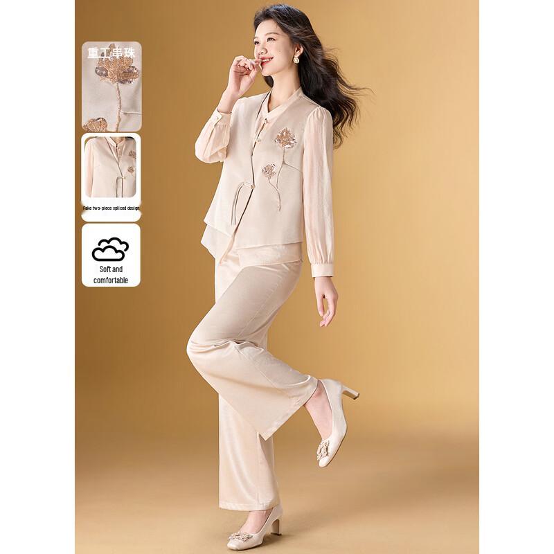 Women s New Chinese Style Embroidered Vest & Wide-Leg Pants Set M