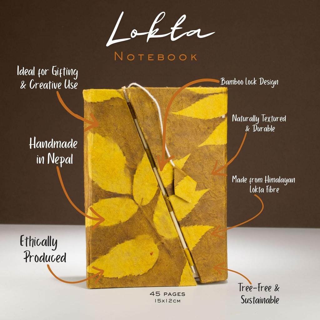Lokta Bold Floral Bamboo Lock Notebook – Medium (15x12cm) – 45 Leaves – Mustard Brown
