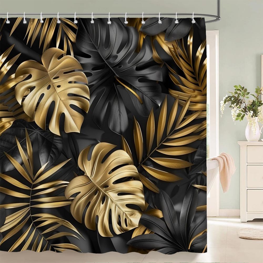 1Pcs Tropical Plants Black and Gold Leaves Printed Fabric Waterproof Shower Curtain, Bathroom Decoration Curtain, with Hooks