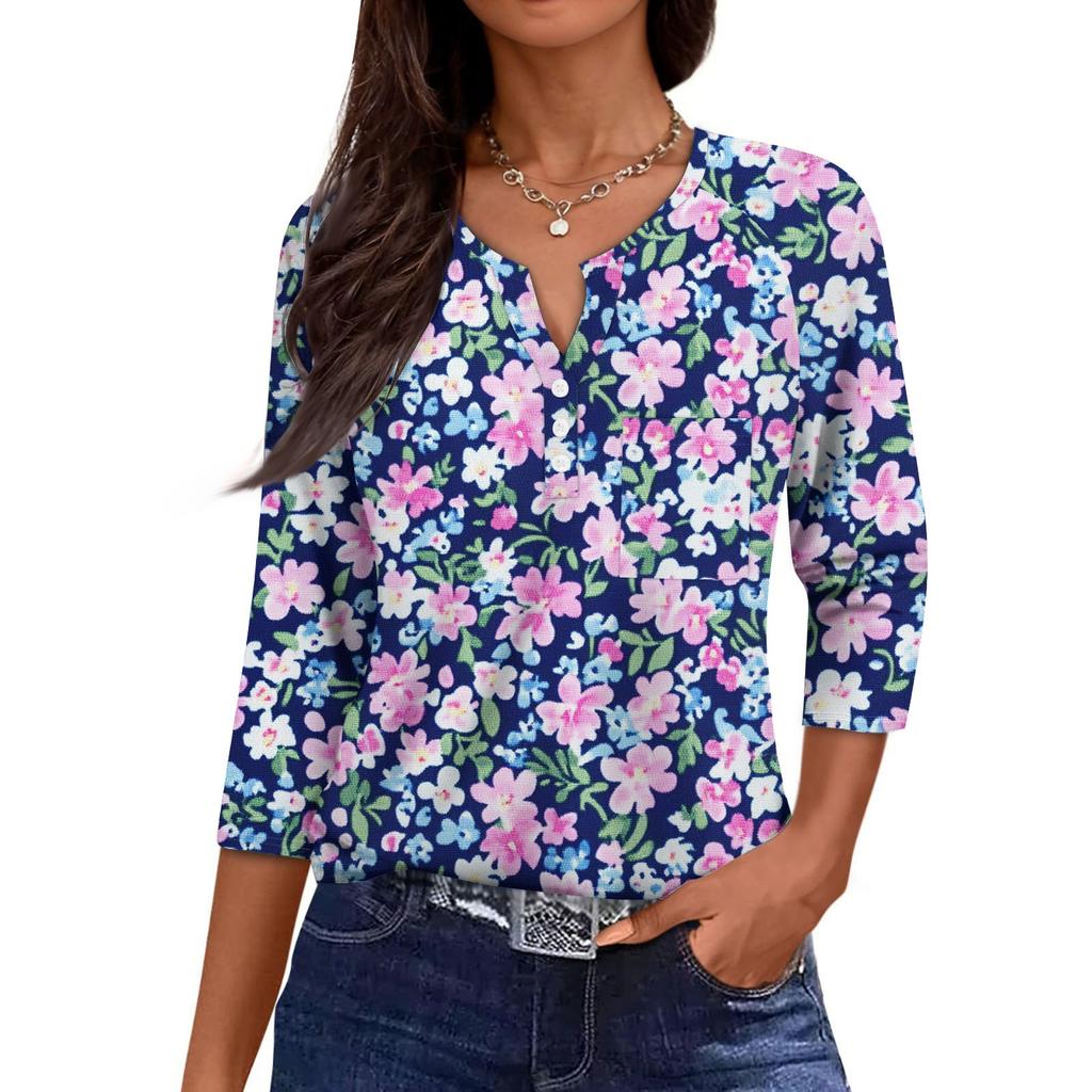 Ladies Casual Fashion V-neck Loose Versatile Floral Print Three-quarter Sleeves