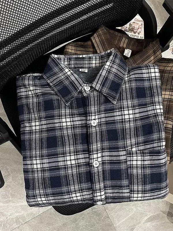 Camisa Xadrez Masculina Forrada com Lã - Jaqueta Casual Retrô de Manga Comprida para Outono/Inverno