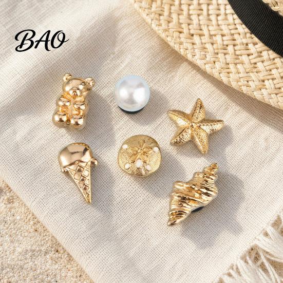 Gold Finish Shoe Charms 6Pcs/Set Gold-Tone Charms, Summer Ice Cream Shell Starfish Clog Accessories for Clogs Women Girls Beach Footwear Decor