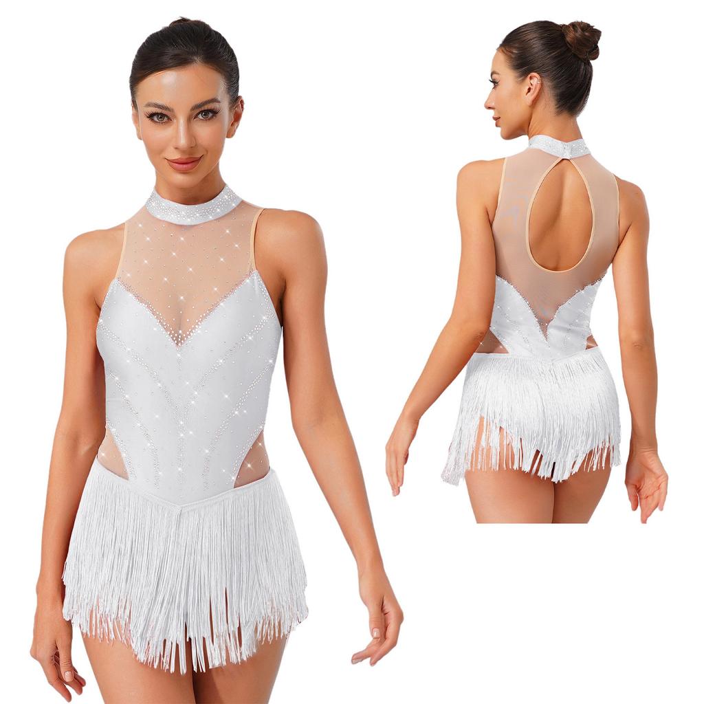Pailletten Fransen Body für Damen Neckholder Jazz Latin Tanz Samba Chacha Quaste Leotard Akrobat Kostüm