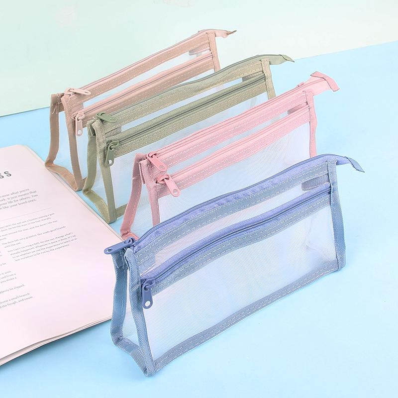 Three-dimensional transparent mesh pencil bag, double-layer examination special large-capacity student stationery bag special pencil bag