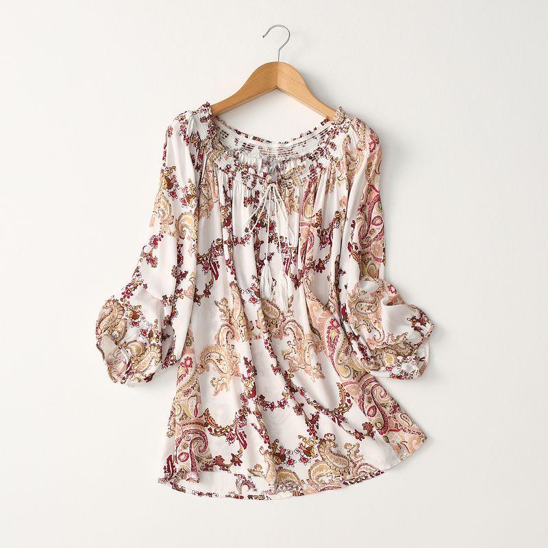 

Export Export French Style Print Cotton Silk Shirt Tassel Shoelace Loose Pullover Artificial Cotton Tops Plus Size Ladies Plus Size Rice White Print Eurocode -46