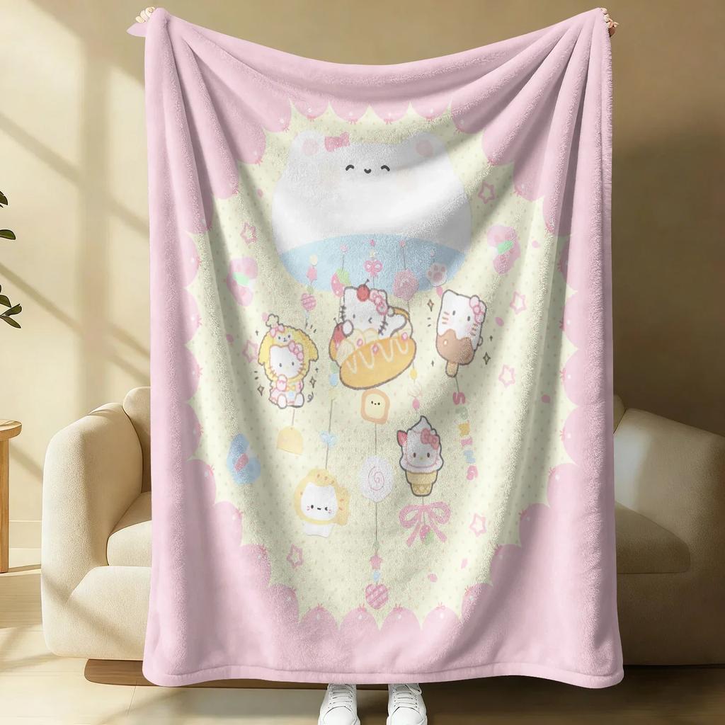 Sanrio Lovely Hello Kitty Plush Flannel Blanket Red White Grid Pattern Lightweight Throw Bed Sofa Cover School Office Nap Shawl