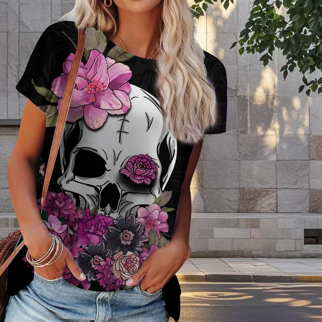 T-shirt Estiva da Donna Stampa Teschio di Rosa Moda Retrò Maniche Corte Magliette Casual Stampate Top