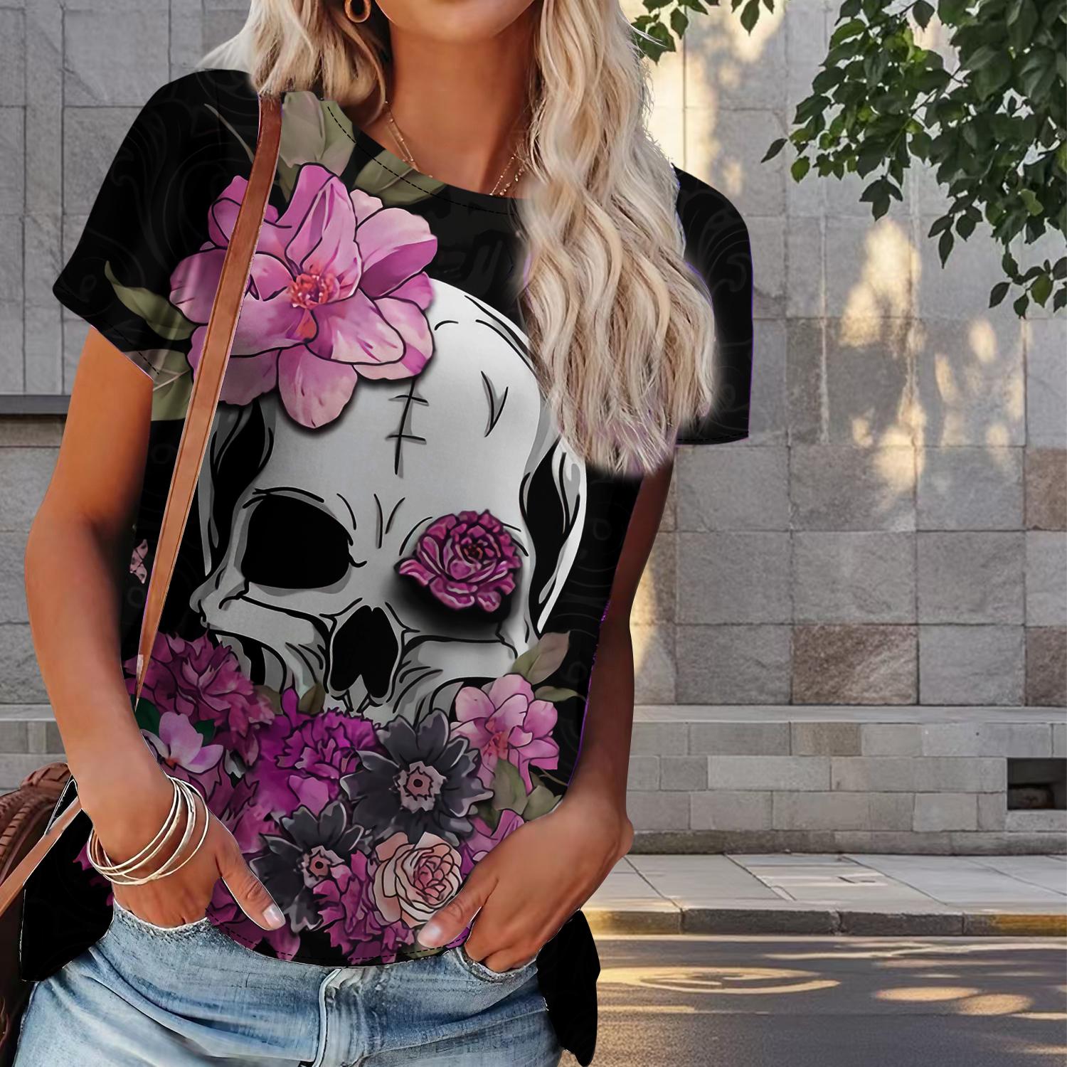 

Женская летняя футболка с принтом черепа и розы, ретро-мода, футболки с коротким рукавом, повседневные топы с принтом M розовый