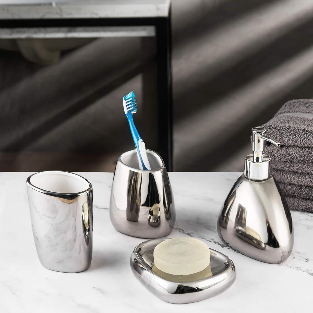 Set da 4/5 Pezzi Set Completo Moderno Ceramica Argento e Oro Set di Accessori da Bagno con Dispenser di Sapone per Arredamento Casa Moderna