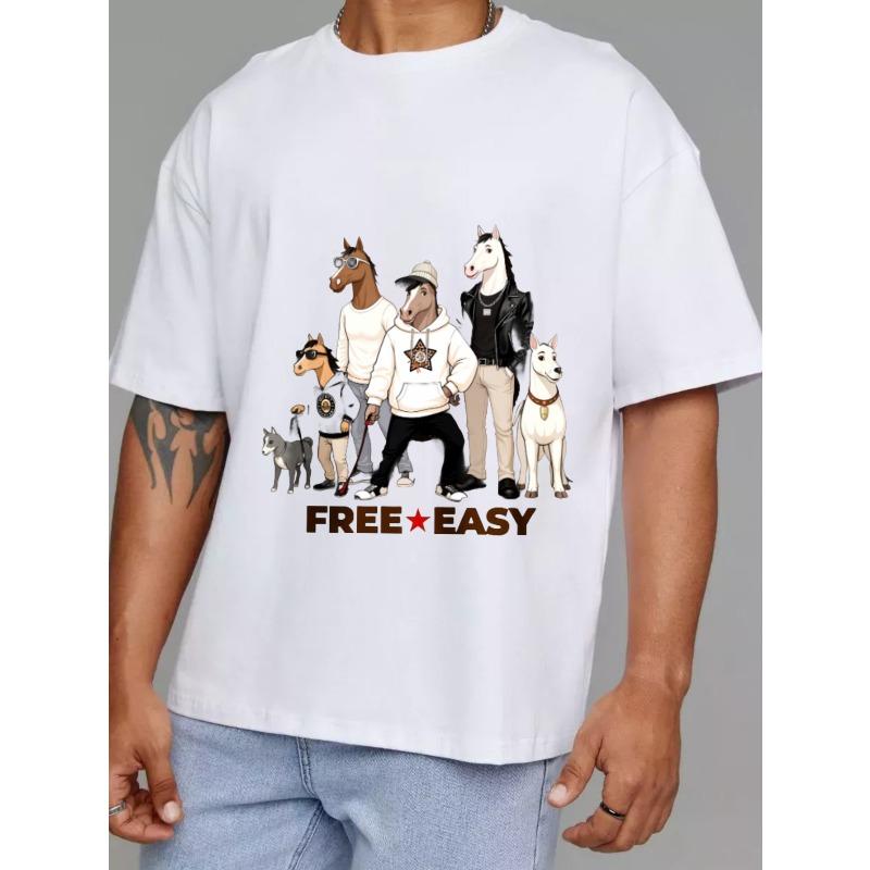 Cotton T Shirt White Horse and Dog Cartoon Print Free Easy Text Casual Wear for Men