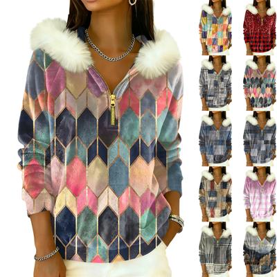 Women's Loose And Comfortable Casual Fashion Half-Zip Hooded Long Sleeve Conventional Printing Top