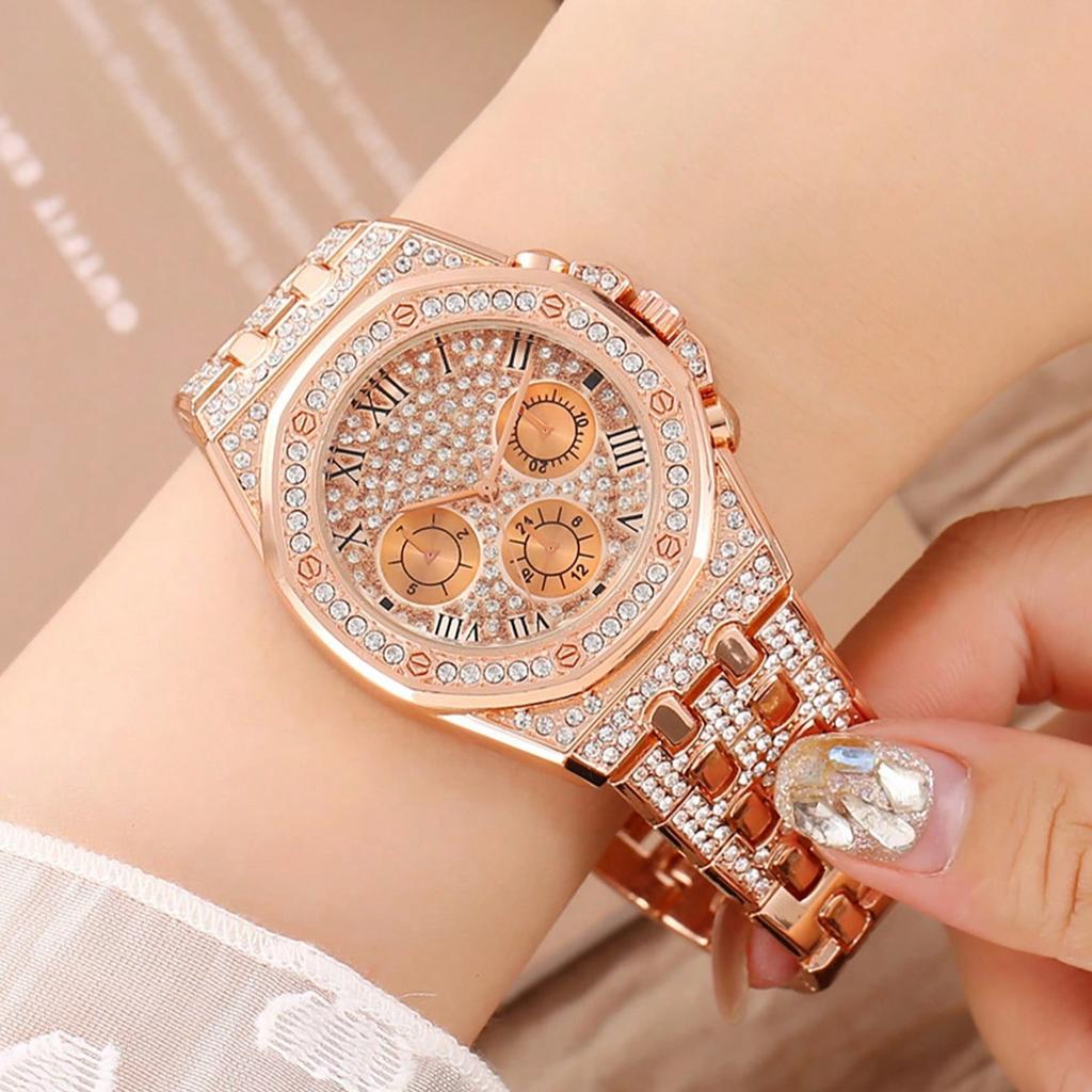 Orologio da polso con cinturino in acciaio inossidabile Elegante orologio al quarzo da donna in acciaio inossidabile intarsiato di strass Quadrante colorato Decorativo per signore